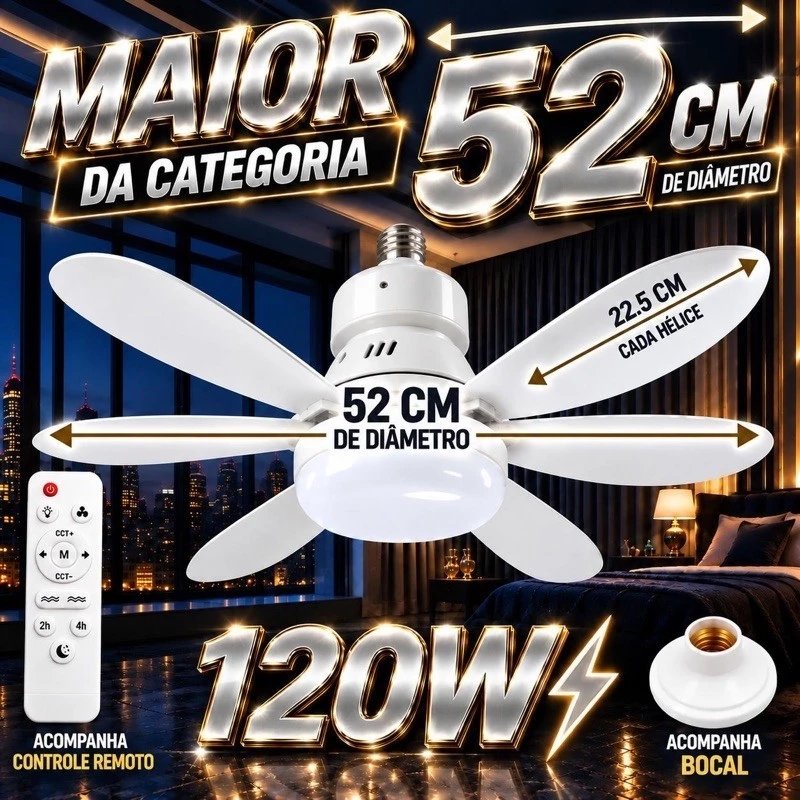 Ventilador de teto com lâmpada LED de 52 cm, 120W, com controle remoto e bocal